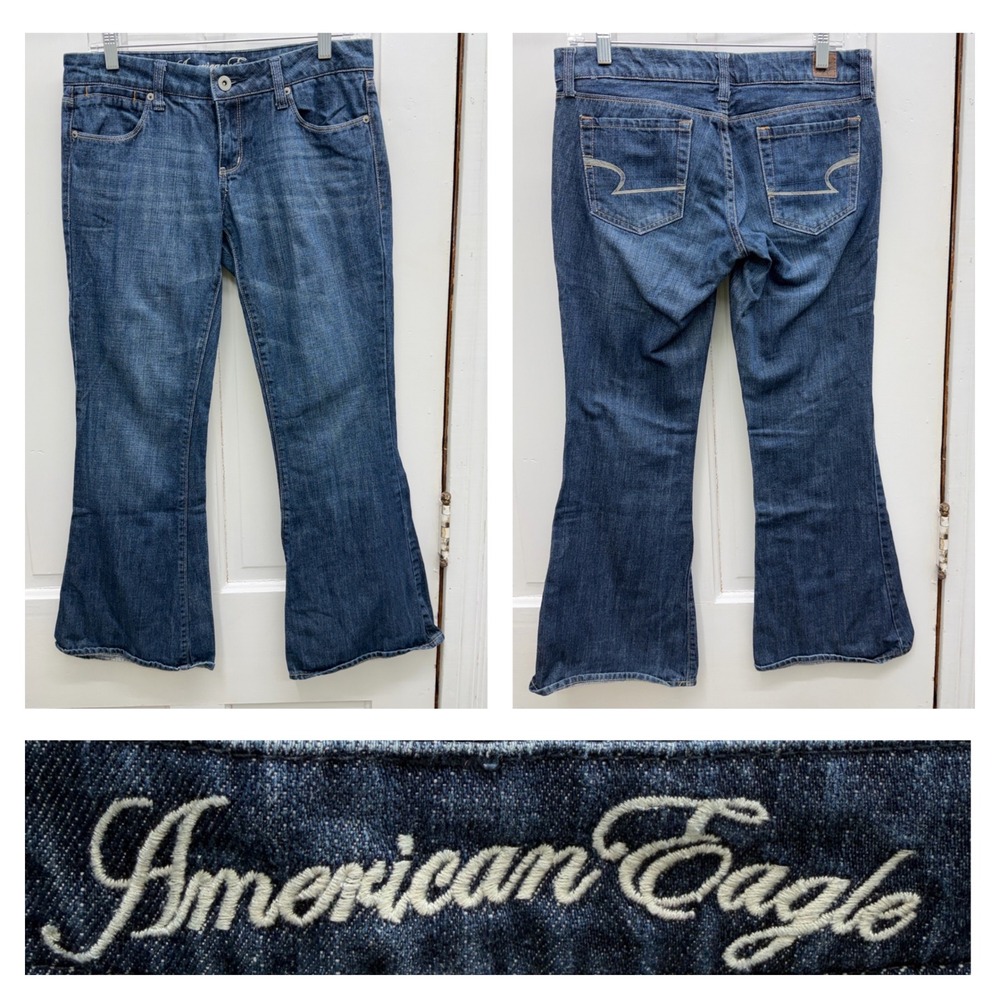 American‎ Eagle Real Flare Denim Jeans Trousers Women's 6 Short Blue Medium Wash